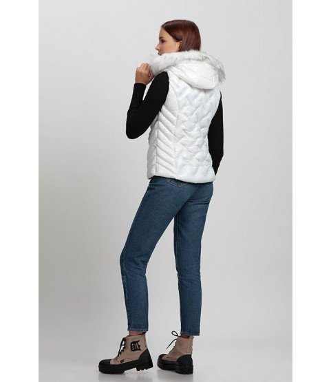 Stitched Bright White Vest with Fur Hat - Winter Collection