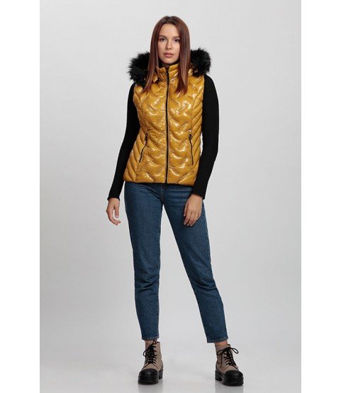 Stitched Shiny Mustard Yellow Vest with Fur Hat - Winter Collection