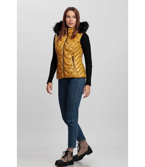 Stitched Shiny Mustard Yellow Vest with Fur Hat - Winter Collection