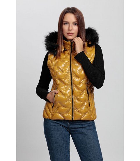 Stitched Shiny Mustard Yellow Vest with Fur Hat - Winter Collection