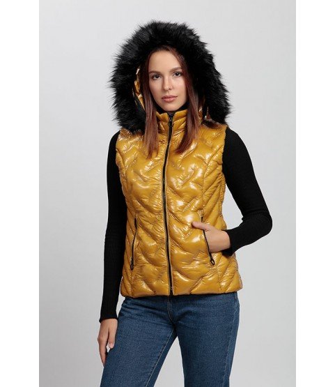 Stitched Shiny Mustard Yellow Vest with Fur Hat - Winter Collection