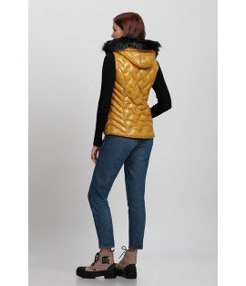 Stitched Shiny Mustard Yellow Vest with Fur Hat - Winter Collection