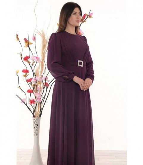 Waist Detailed Purple Long Dress - Woman Dresses