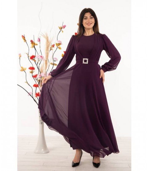 Waist Detailed Purple Long Dress - Woman Dresses