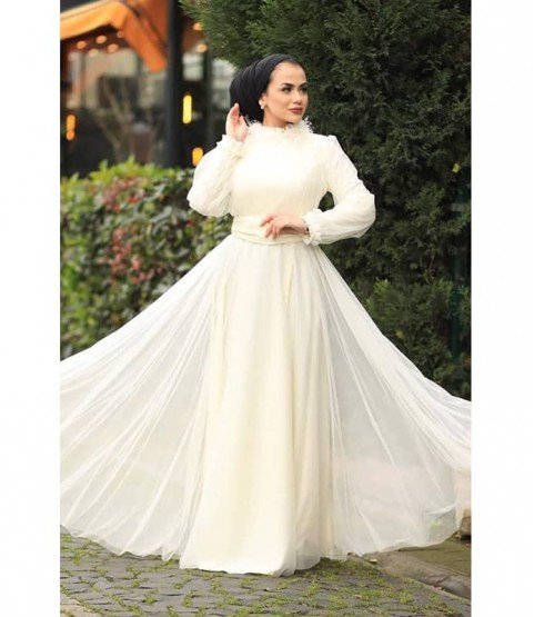 Collar Detailed White Long Chiffon Dress - Women Dresses