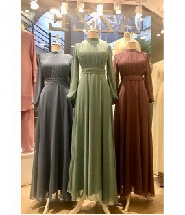 High Collar Green Chiffon Dress - Women Dresses