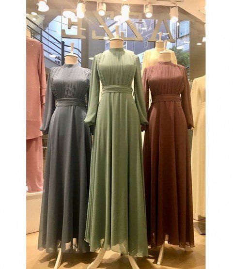 High Collar Green Chiffon Dress - Women Dresses