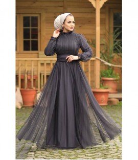 Neck Detailed Dark Gray Long Chiffon Dress - Women Dress