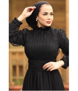 Collar Detailed Black Long Chiffon Dress - Women Dresses