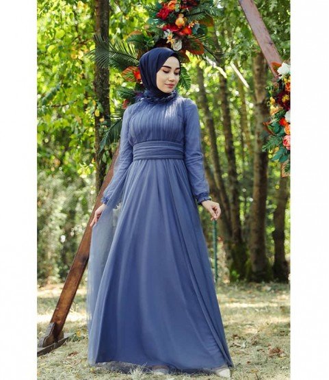 Collar Detailed Blue Long Chiffon Dress - Women Dresses