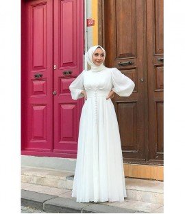 Balloon Cuff-Button Detailed White Dress - Woman Dresses