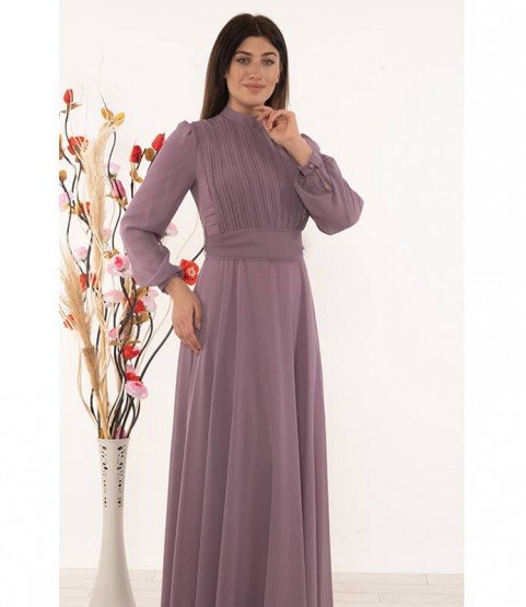 High Collar Lilac Chiffon Dress - Women Dresses