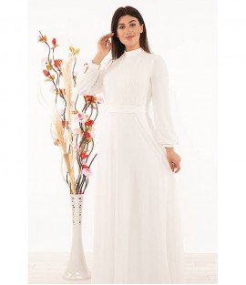 High Collar Pleated Detailed White Dress - Woman Dresses