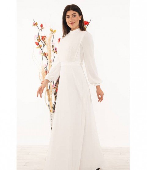 High Collar Pleated Detailed White Dress - Woman Dresses