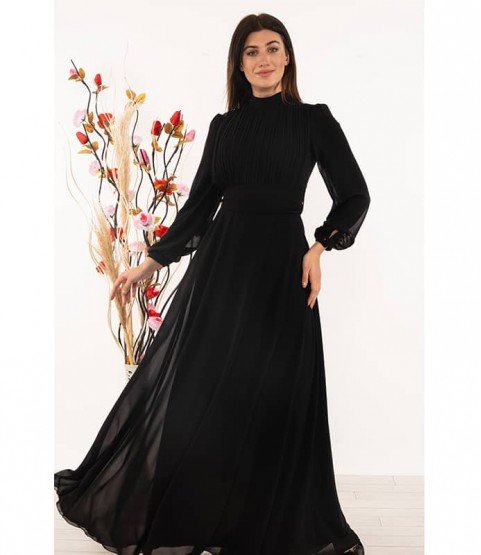 High Collar Pleated Detailed Black Dress - Woman Dresses