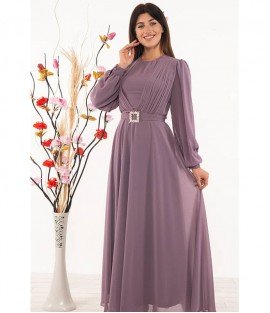 Waist Detailed Lilac Long Dress - Woman Dresses