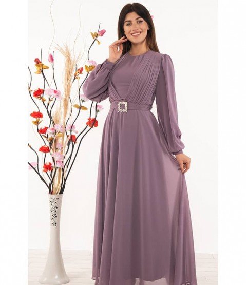 Waist Detailed Lilac Long Dress - Woman Dresses