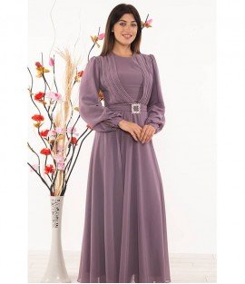 Waist Detailed Lilac Long Dress - Woman Dresses