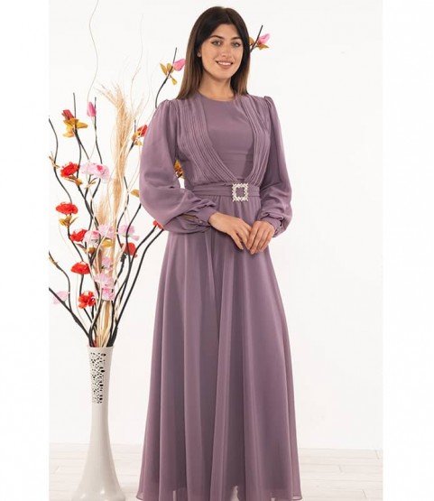 Waist Detailed Lilac Long Dress - Woman Dresses