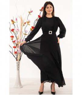 Waist Detailed Black Long Dress - Woman Dresses