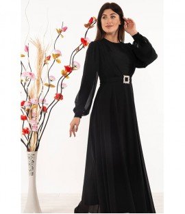 Waist Detailed Black Long Dress - Woman Dresses