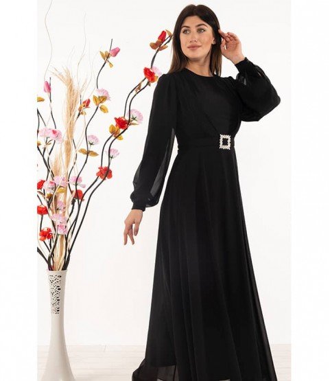 Waist Detailed Black Long Dress - Woman Dresses