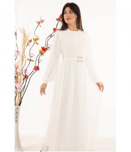 Waist Detailed White Long Dress - Woman Dresses