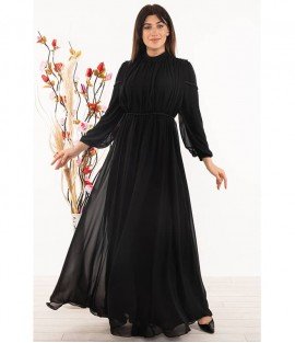 Accessory Detailed Chiffon Black Dress - Woman Dresses