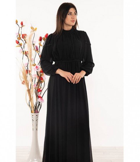 Accessory Detailed Chiffon Black Dress - Woman Dresses