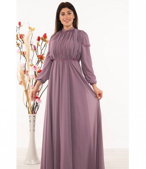 Accessory Detailed Chiffon Lilac Dress - - Woman Dresses