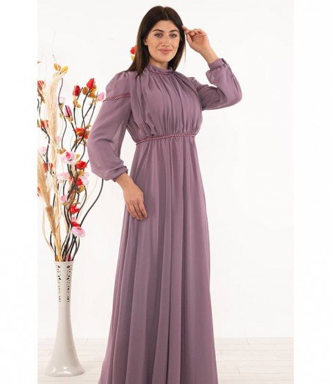 Accessory Detailed Chiffon Lilac Dress - - Woman Dresses