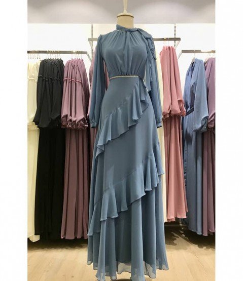 Asymmetrical Detailed Belted Blue Dress - Woman Dresses