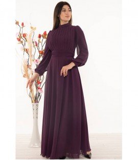 High Collar Purple Chiffon Dress - Women Dresses