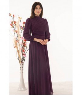 High Collar Purple Chiffon Dress - Women Dresses